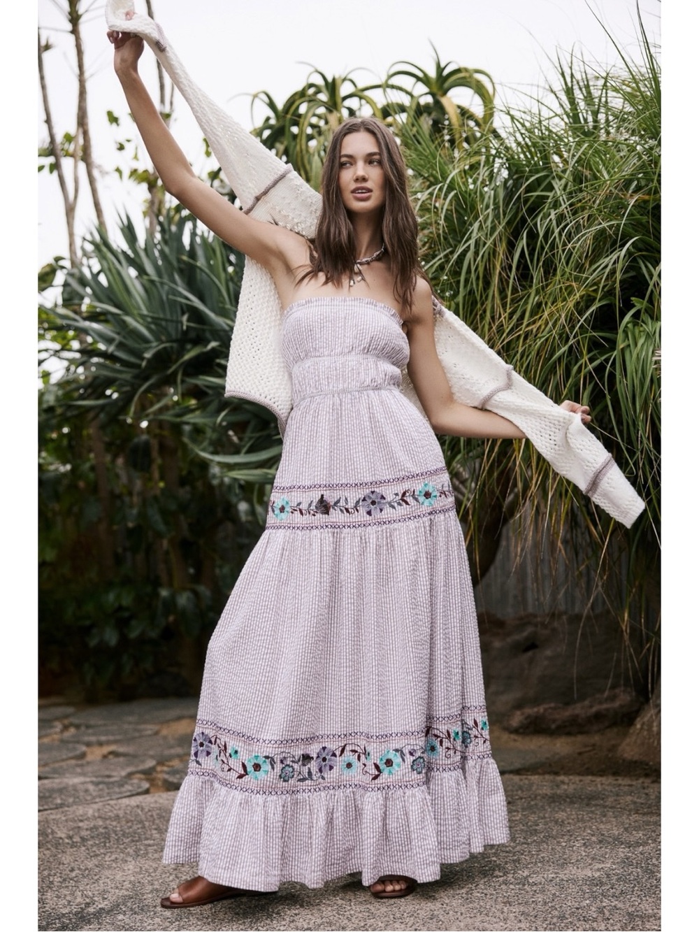 Free People Bohemian Embroidered Floral Kalani Strapless Midi Dress Size Large